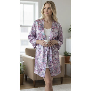Linea Donatella Floral Satin Robe With Tie Waist Lightweight Size L / XL Bride